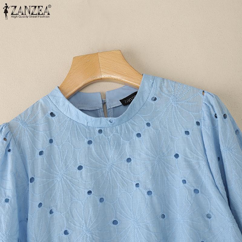ZANZEA Women Casual Round Neck 3/4 Sleeve Loose Patchwork Crochet Blouse