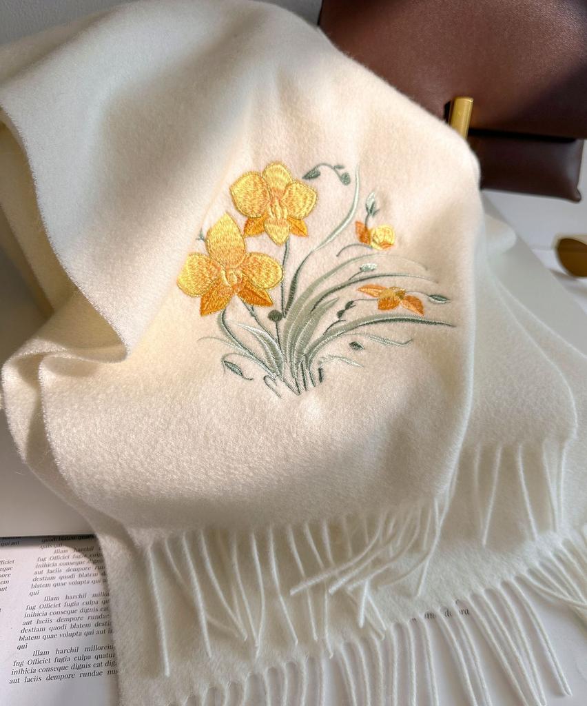 Fashion Wool Embroidered Scarf For Women Solid Color Soft Winter Warm Lady Shawl Peony Wool Tassel Blanket Bandana Scarves