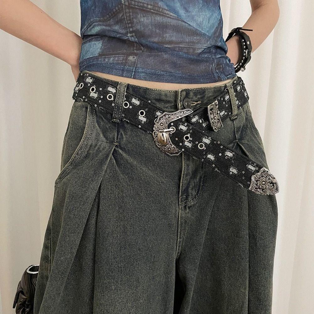 Y2k Retro Jeans Belt Korean Style Vintage Wide Belt Personality Metal Buckle Belts  Women