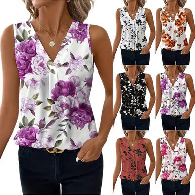 Women’s Sleeveless V Neck Blouse with Floral Print Relaxed Fit Lightweight Pullover Top for Casual or Office Wear