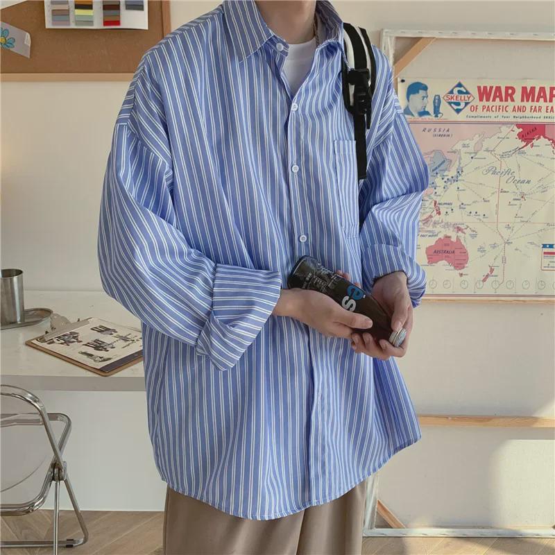 Pánská trendy košile s dlouhým rukávem s pruhy Harajuku – Korejský a hongkongský styl pro jaro a podzim