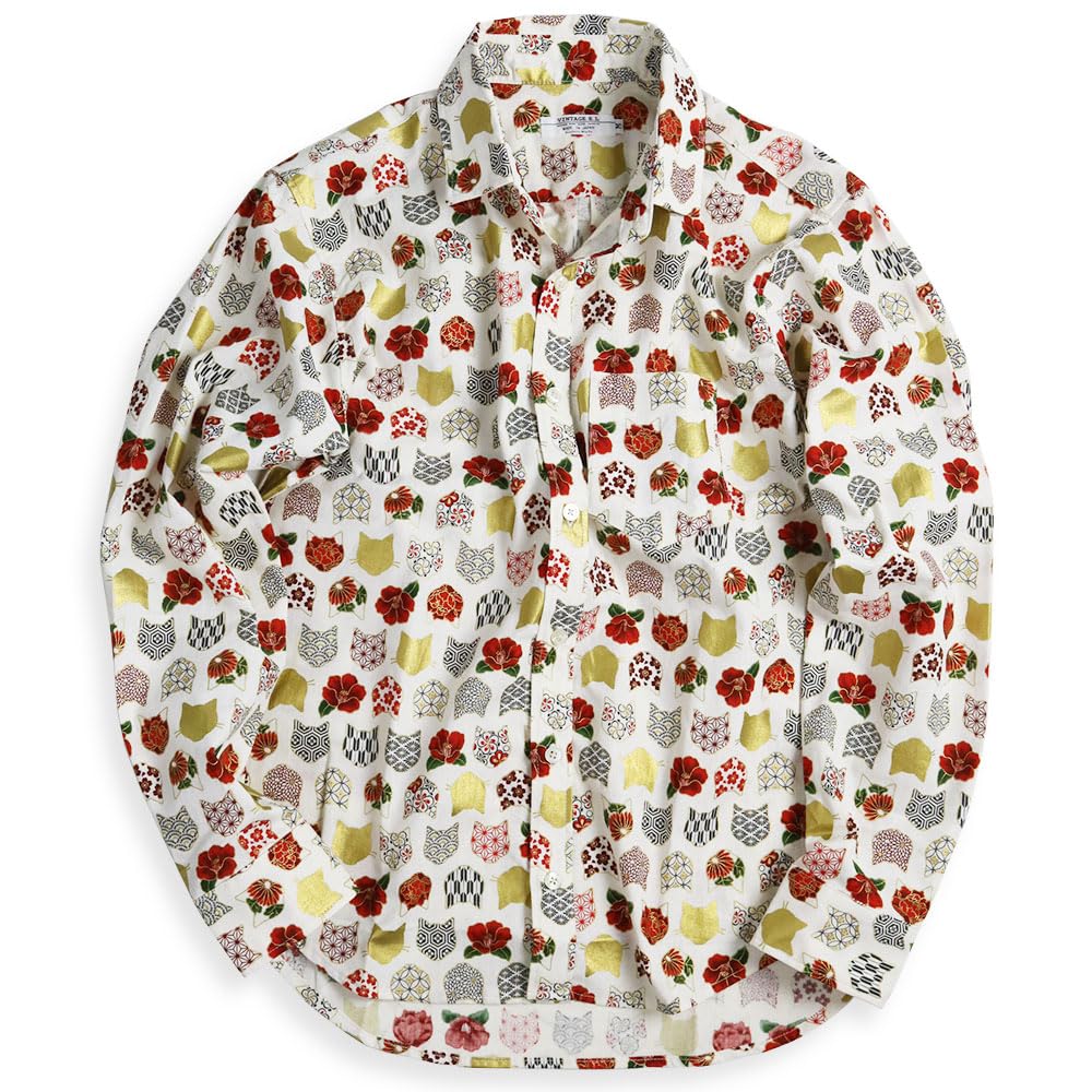 Quintet Long Sleeve Cat and Floral Print Made In Hyakka Ryoran 10 Men's Japanese-Style Shirt, Japan, 11-70173 (M, White)