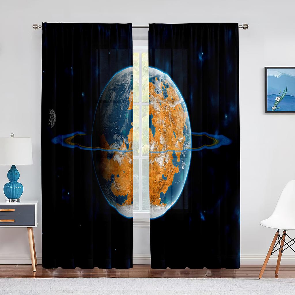 Galaxy Tulle Curtains Blue Red Planets Orbital Ring Stars Outer Space Sheer Voile Curtain for Living Room Bedroom Kitchen Decor