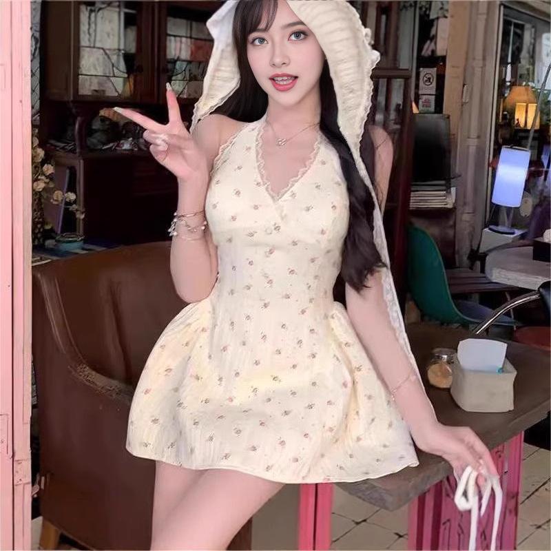 2026 New French Pure Desire Floral Neck Dress for Women's Spring and Summer Sweet Babes, Sexy Waist and Thin a Word Tide