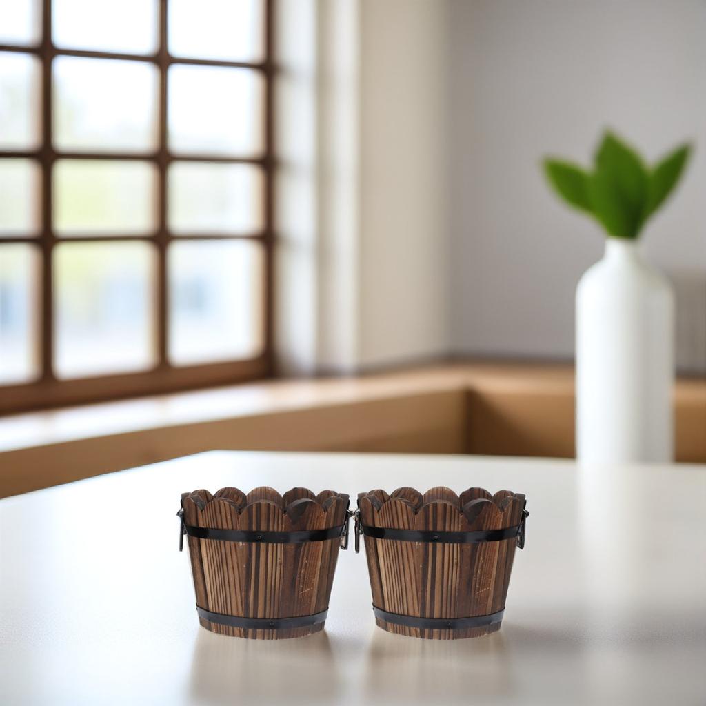 2Pcs Small Wooden Barrel Planter Pot for Succulents Cacti Vegetables Flowers Indoor Outdoor Garden Balcony Nursery Home Decor