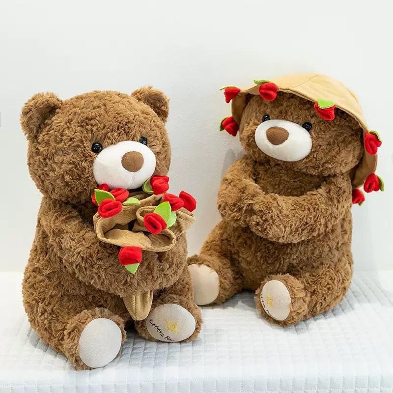 Rosenbär Teddybär mit Hut, Plüschtier mit Blume, Valentinstags Geburtstagsgeschenk für Freundin Frauen