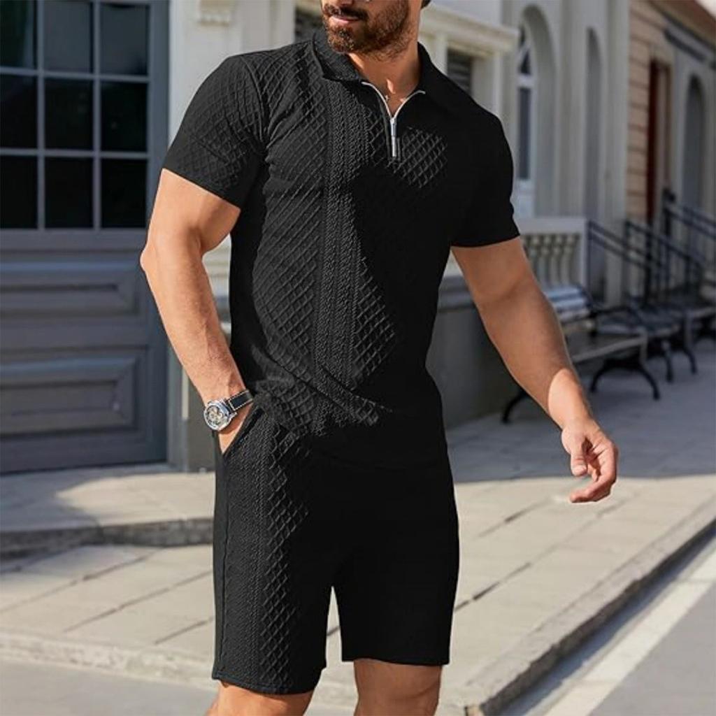 Men's Sports Casual Suit Summer Knitted Short Sleeved Shorts Two Piece Suit Men's T-shirt Lapel Suit