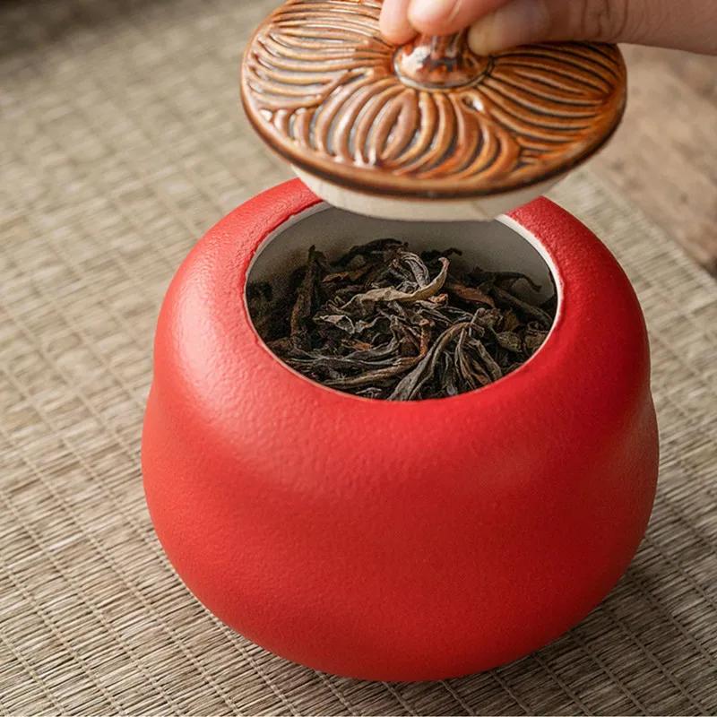 Chinese Persimmon Ceramic Tea Caddy Red Wedding Tea Jar Sealed Container Travel Tea Box Coffee Spice Candy Storage Tank Teaware