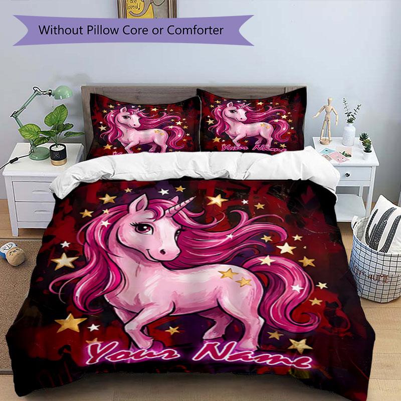 3pcs Custom Name Magical Unicorn Fantasy Bedding Set Printed Bedding Set Duvet Cover Closure Includes 1 Duvet Cover & 2 Pillowcases Bedroom Decor