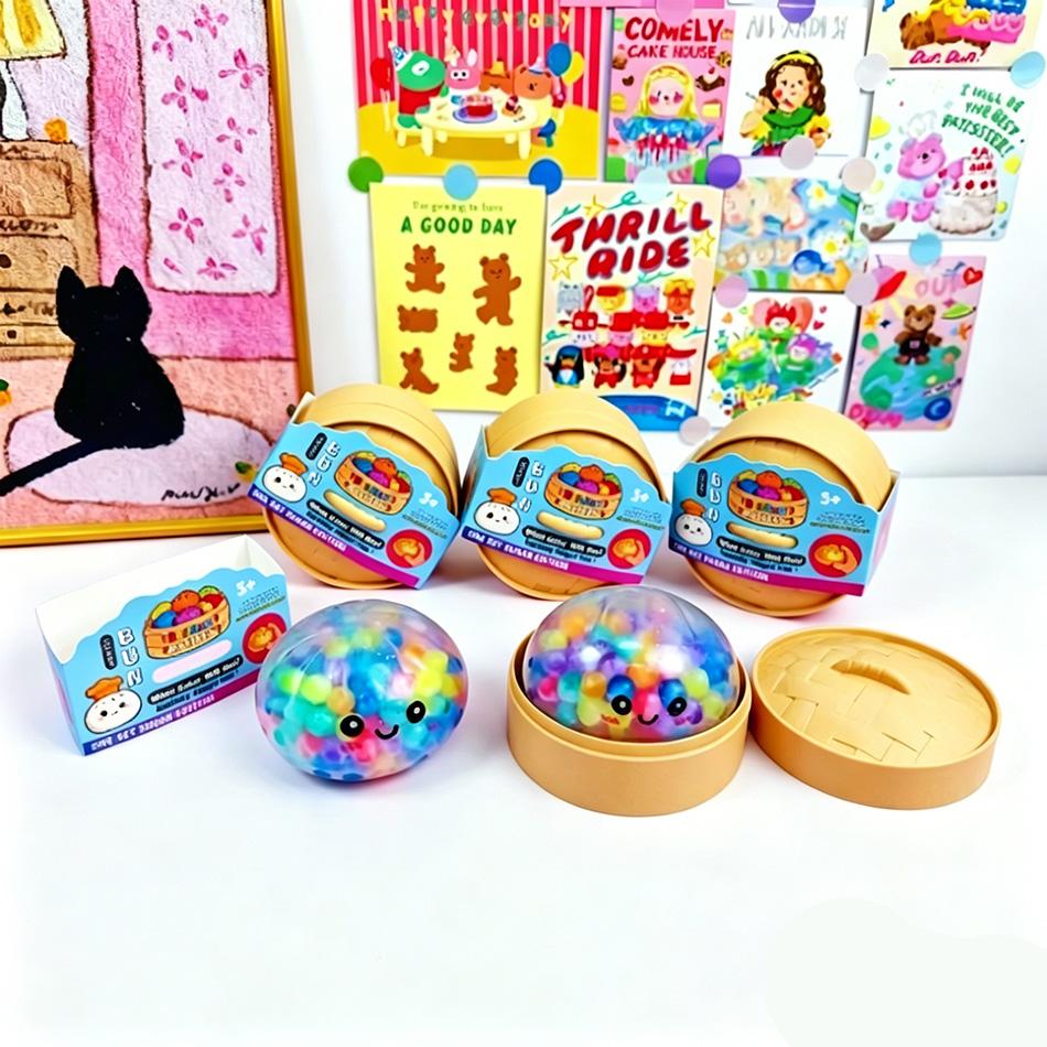Hot Rainbow Dumpling Squishy with Bead Sensory Squeeze Toys for Stress Relief with Bamboo Steamer Funny Kawaii Toy Gifts