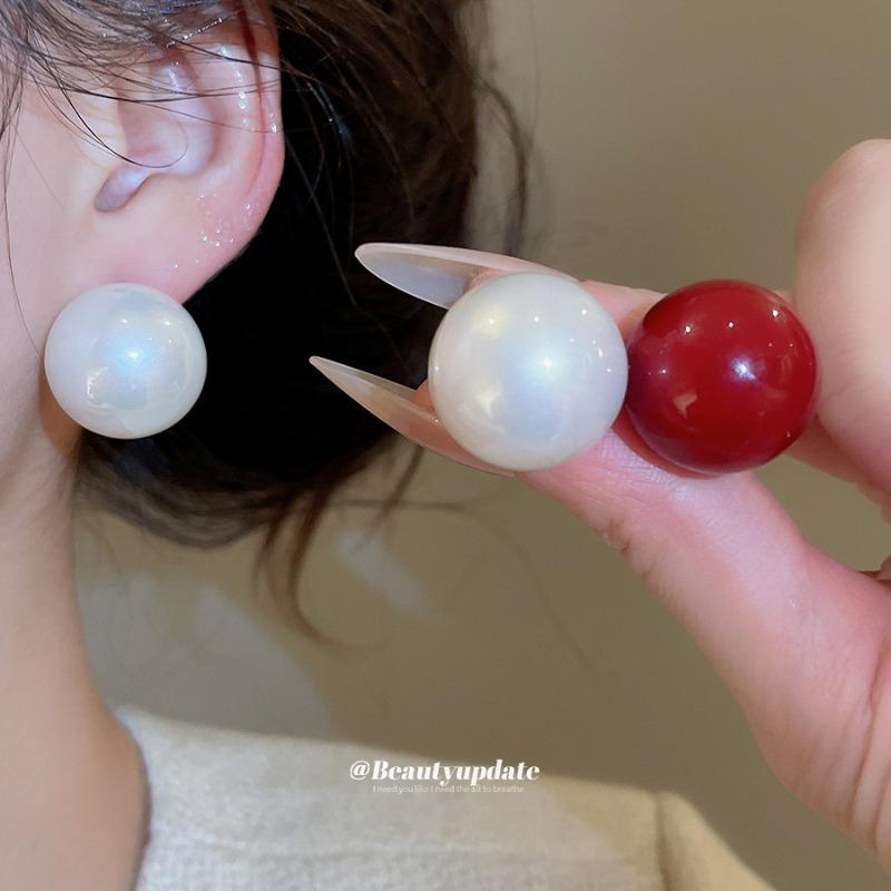 Silver Needle Red Round Pearl Earrings Light Luxury High-end Stud Earrings Fashion Simple Elegant Temperament Versatile Earrings Women