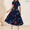 Women Plus Size Round Neck Short Sleeve Star Printed White High Waist A Line Long Dress