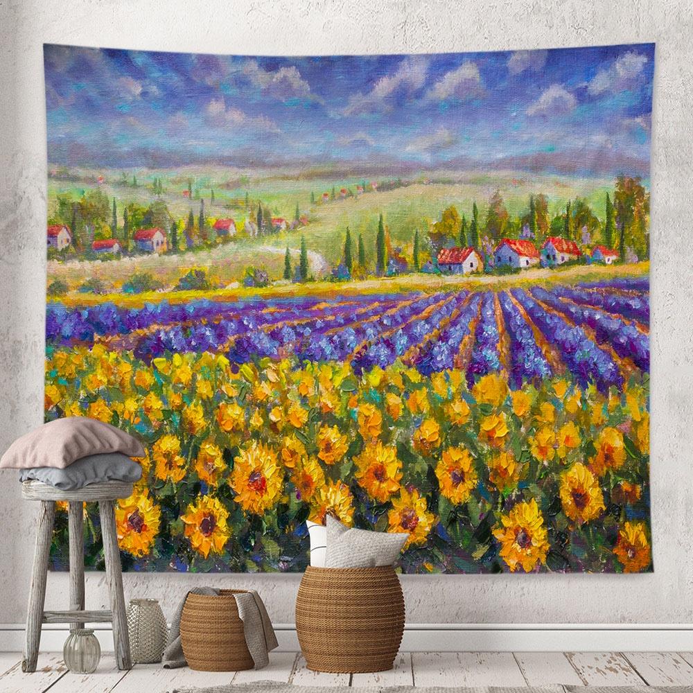 Wall Hanging Tapestry Sunflower Lavender Oil Painting Landscape Room Decoration Background Cloth
