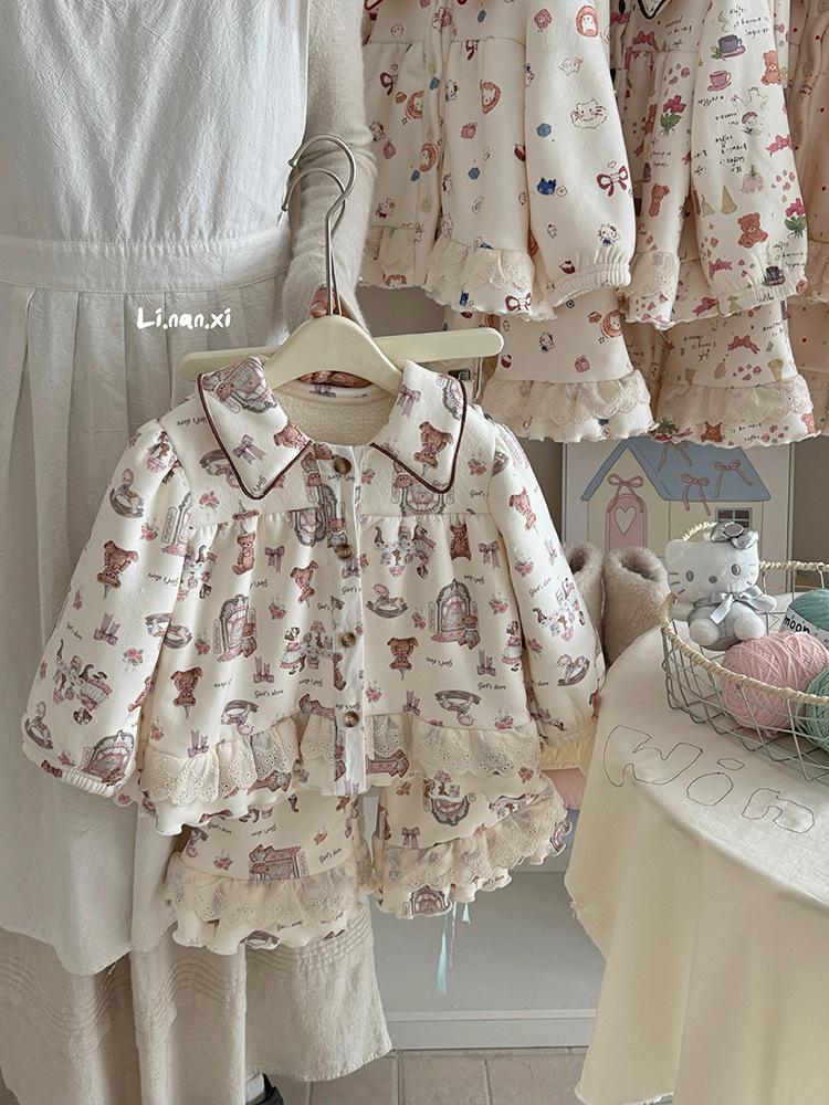 Mädchen Winter Pyjama Set - Fleecegefüttert, Spitze, Bequem, Süße Hauskleidung, 2025 Neuer Stil