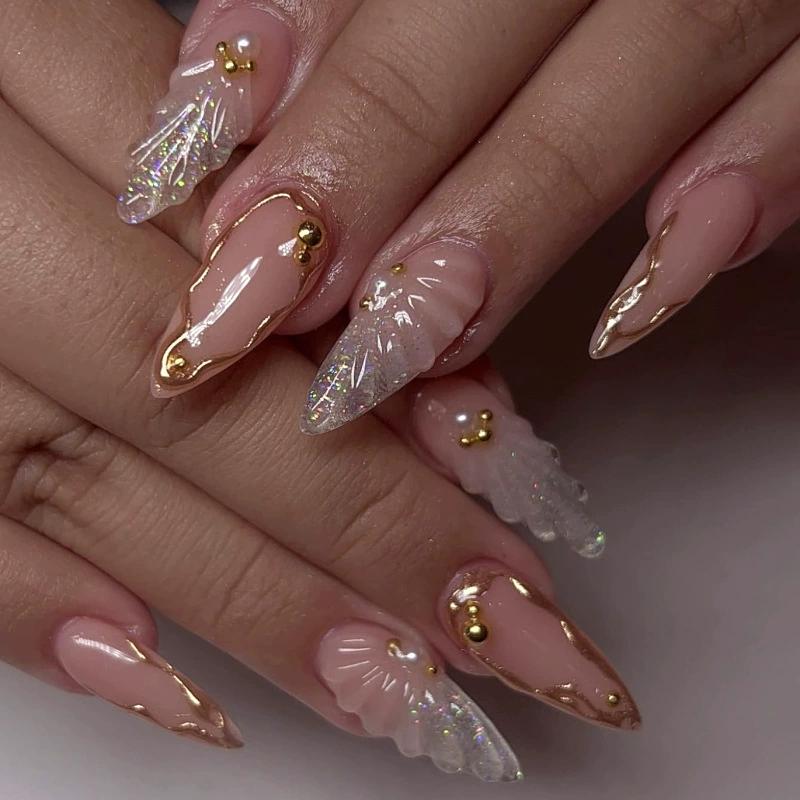 24Pc False Nails with Glue Almond Black Red Gradient Design Detachable Rhinestone Acrylic Fake Nail Long Stiletto Press on Nails