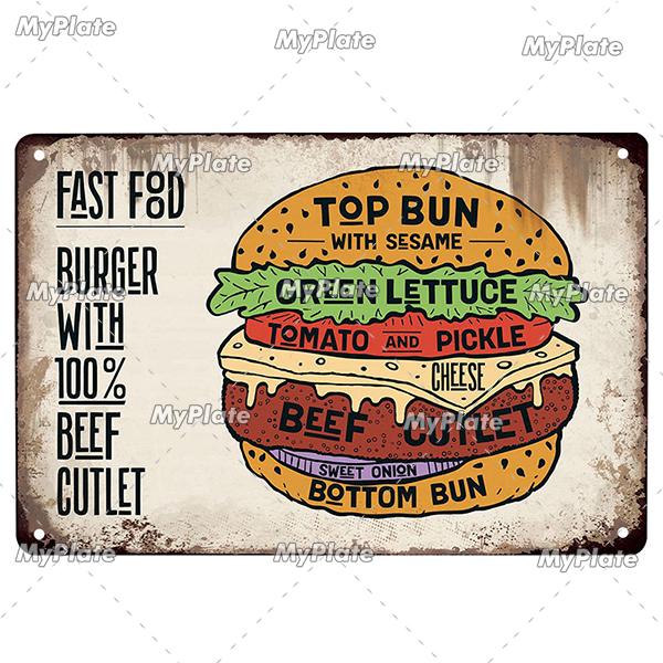 [MyPlate] Hamburger Metal Sign Plaque Metal Vintage Tin Sign Wall Decor For Club Man Cave Bar Decoration Tin Plate