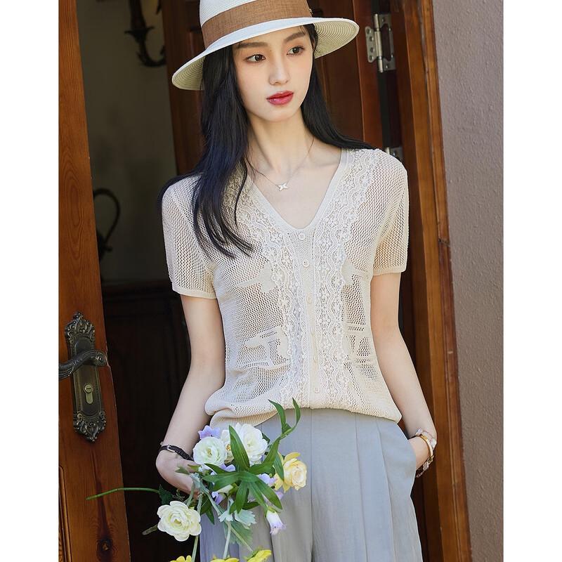 Demana Women's Summer V-Neck Lace Trim Knit Top