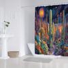 1 Surreal Desert Shower Curtain with Glowing Cacti, Fantasy Neon Plants and Starry Sky Design, Polyester, Vibrant Curtain Design