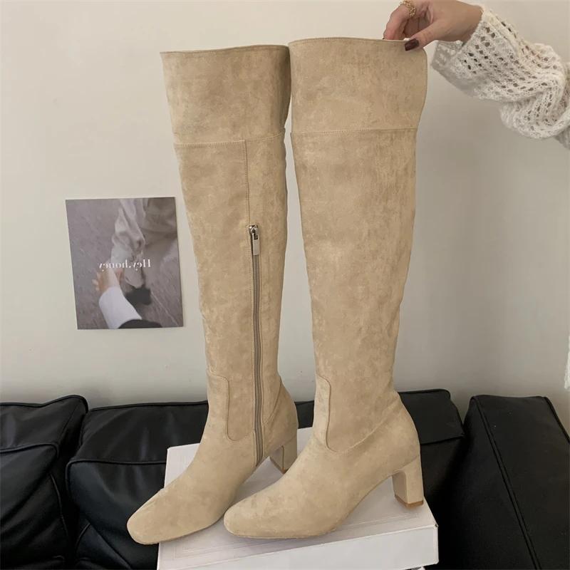 Men Women Winter Boots Fashion Round Toe Over Knee Boot Zipper Square Heels Thigh High Booties Long Shoes Botas Largas Mujer