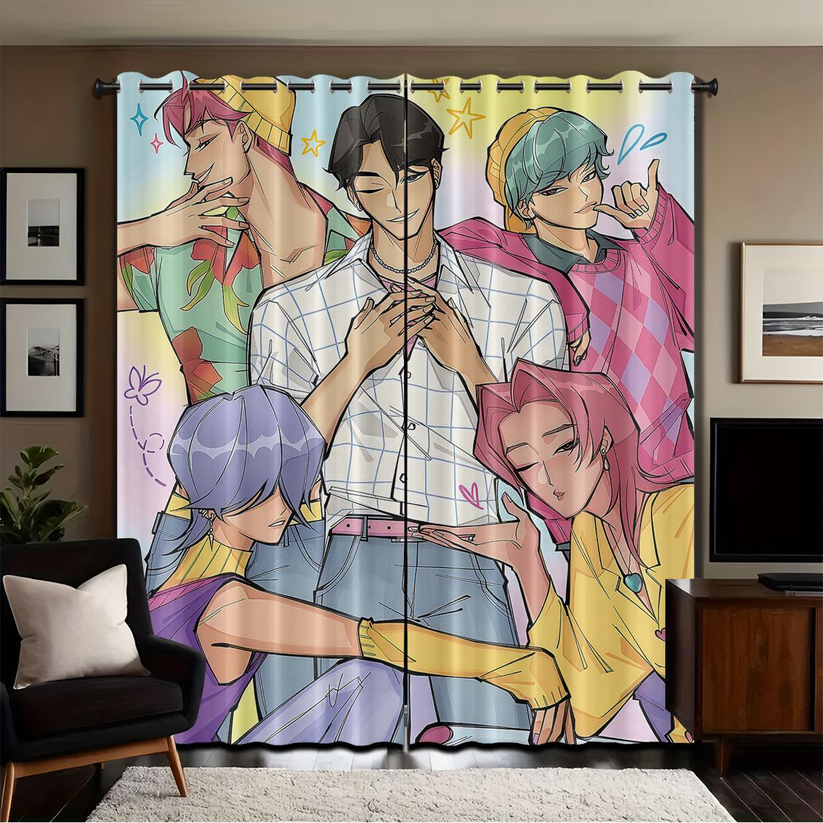 

Set Of 2 Pop Saja Boys Printed Curtains Insulation Multiple Sizes Living Room Decoration Curtain Darkening Polyester Machine Washable Ideal For W100*H70(CM)-Hooks&2PCS