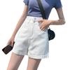 Women's High Waist A-Line Denim Shorts - Summer Straight Leg, Double Button, Loose Fit with Rolled Hem, Trendy Wide Leg Design