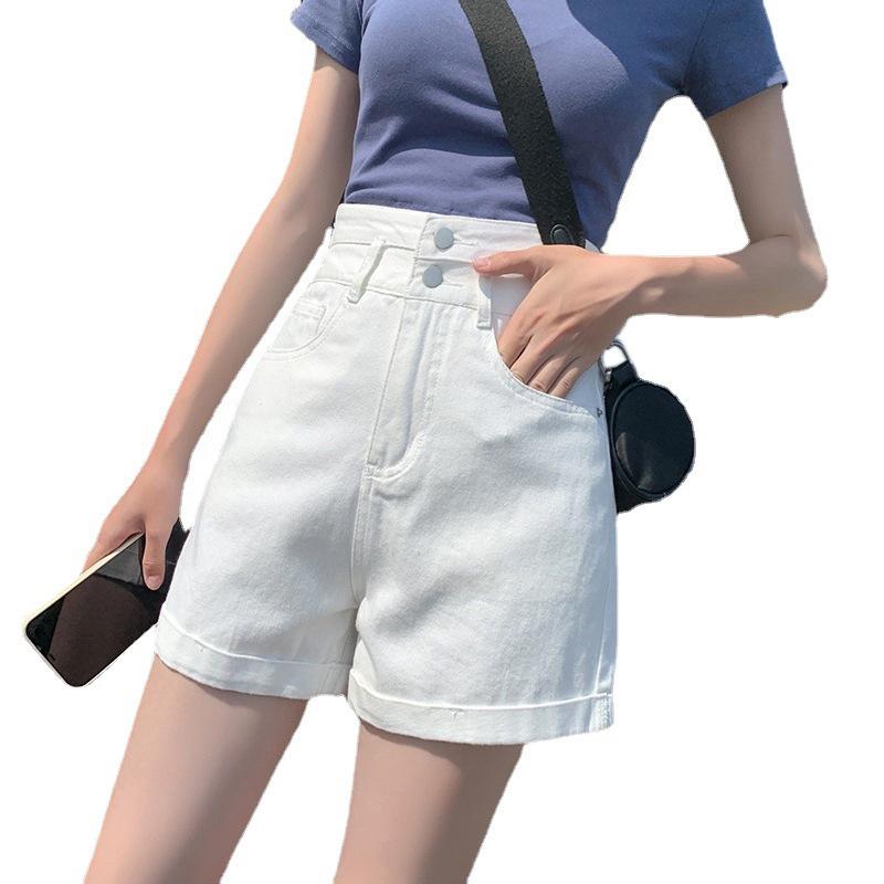 Women's High Waist A-Line Denim Shorts - Summer Straight Leg, Double Button, Loose Fit with Rolled Hem, Trendy Wide Leg Design