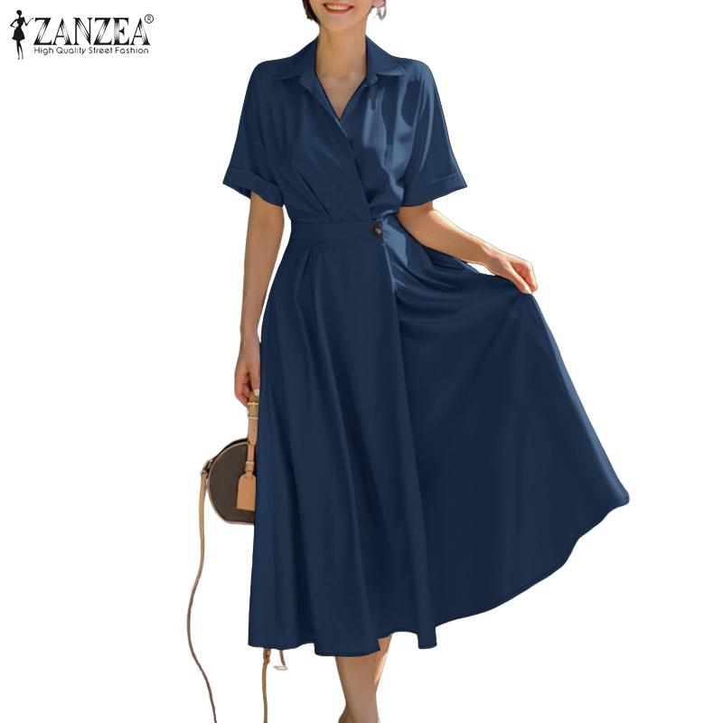 ZANZEA Women Casual Turn Down Collar Loose Summer Short Sleeve Dress