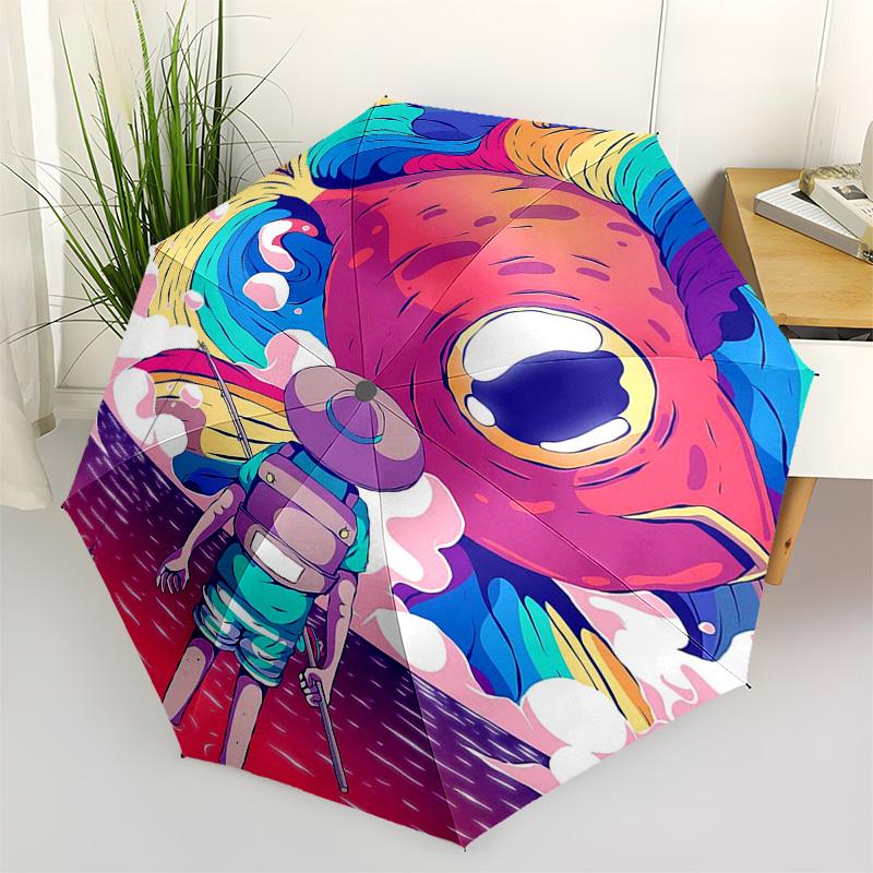 

1pc Colorful Fish & Astronaut Outdoor Umbrella - Automatic Opening/Closing, Portable 3-Fold Design with 8-Bone Iron Frame - Perfect Gift for Fans