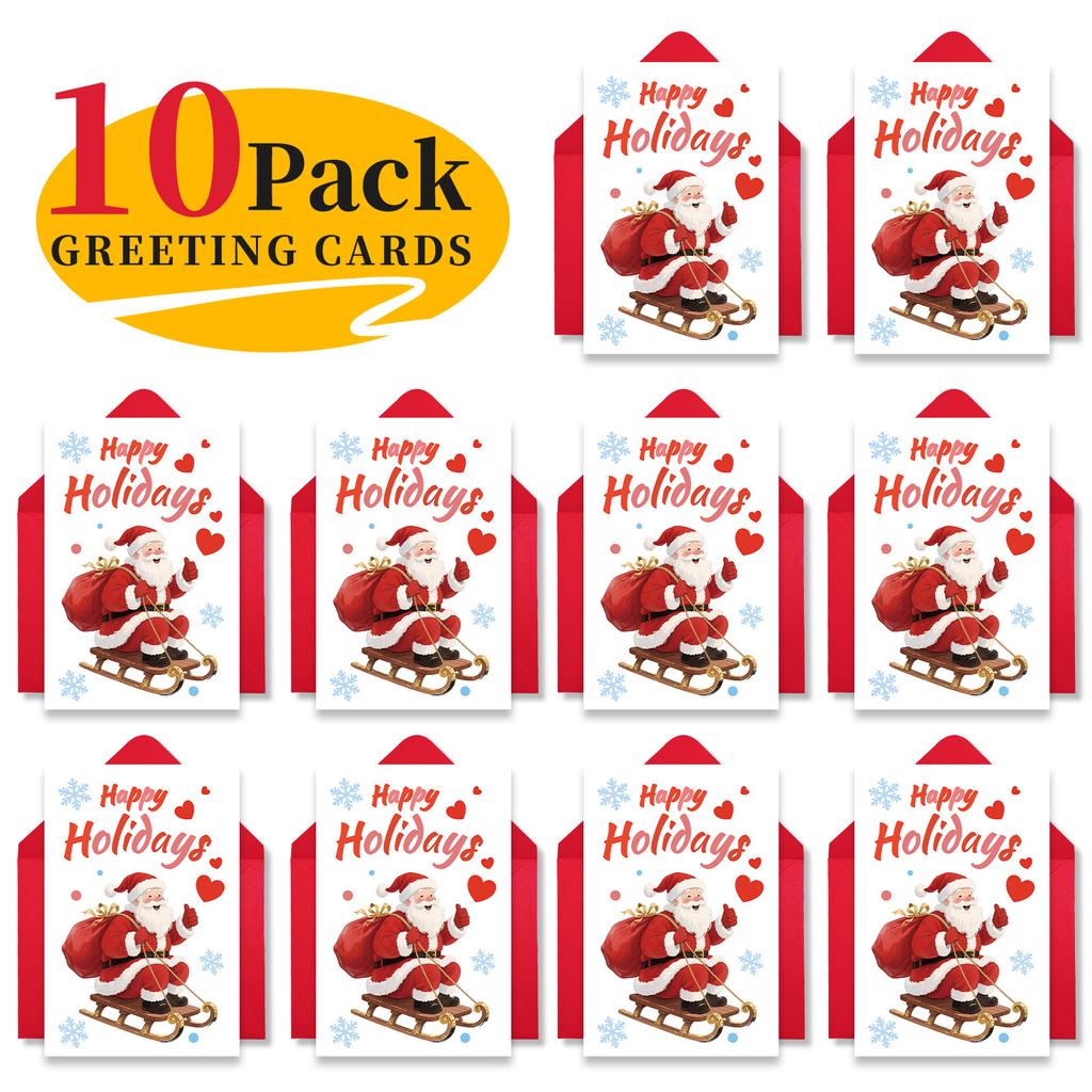 10PCS Christmas Greeting Cards Set with Envelopes, Cartoon Santa Claus Xmas Cards for Holiday Wishes & Gifts