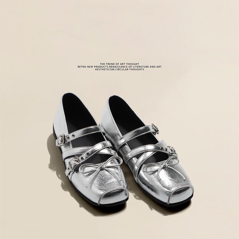 Fashion trend retro silver square head wedge single shoes women's 2025 new summer skirt light mouth Mary Jane shoes