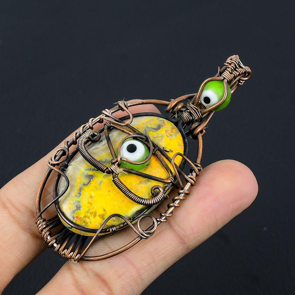 Bumblebee Jasper & Green Evil Eye Pendant, 999 Copper Wire Wrapped Gemstone Jewelry, Handmade Pendant, For Mother Day