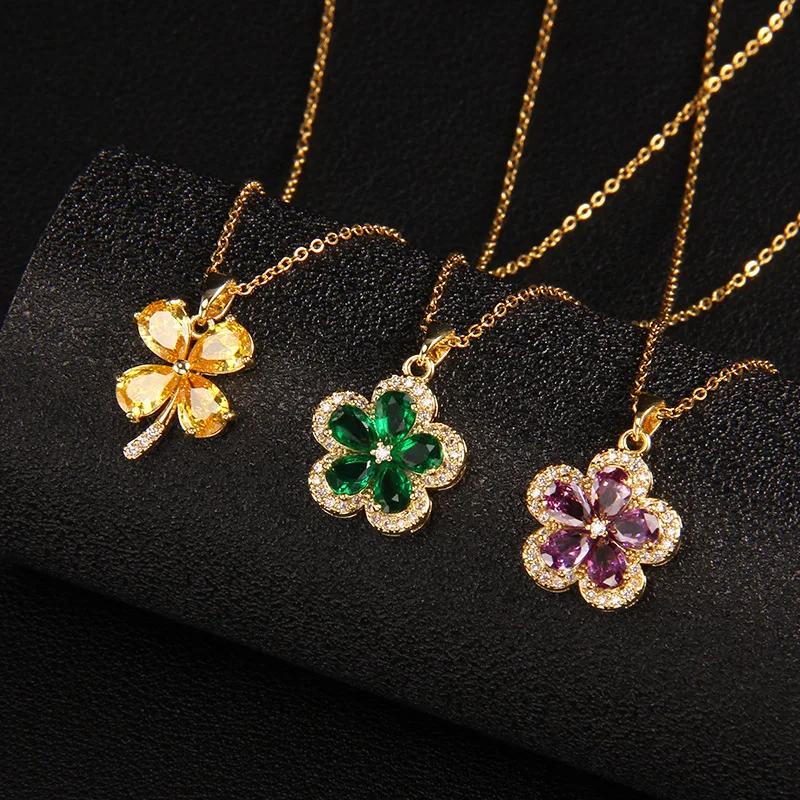 Zircon French Light Luxury Gold Inlaid Necklace Niche Design Four-leaf Clover Flower Pendant Titanium Steel Collarbone Chain New