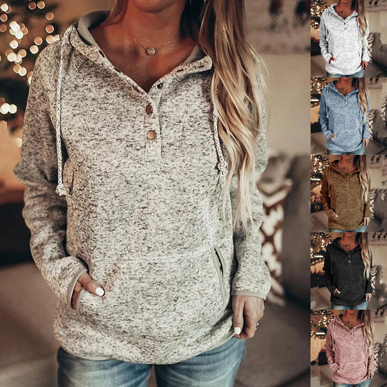 

Мода женщин кнопки воротник с капюшоном Sweatshirt Pullover карманы Drawstring Top