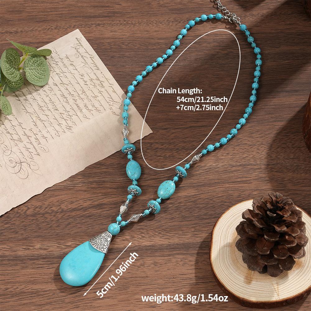 European American Bohemian Style Unisex Women's Turquoise Pendant Necklace Handmade Silver Plated Link Chain