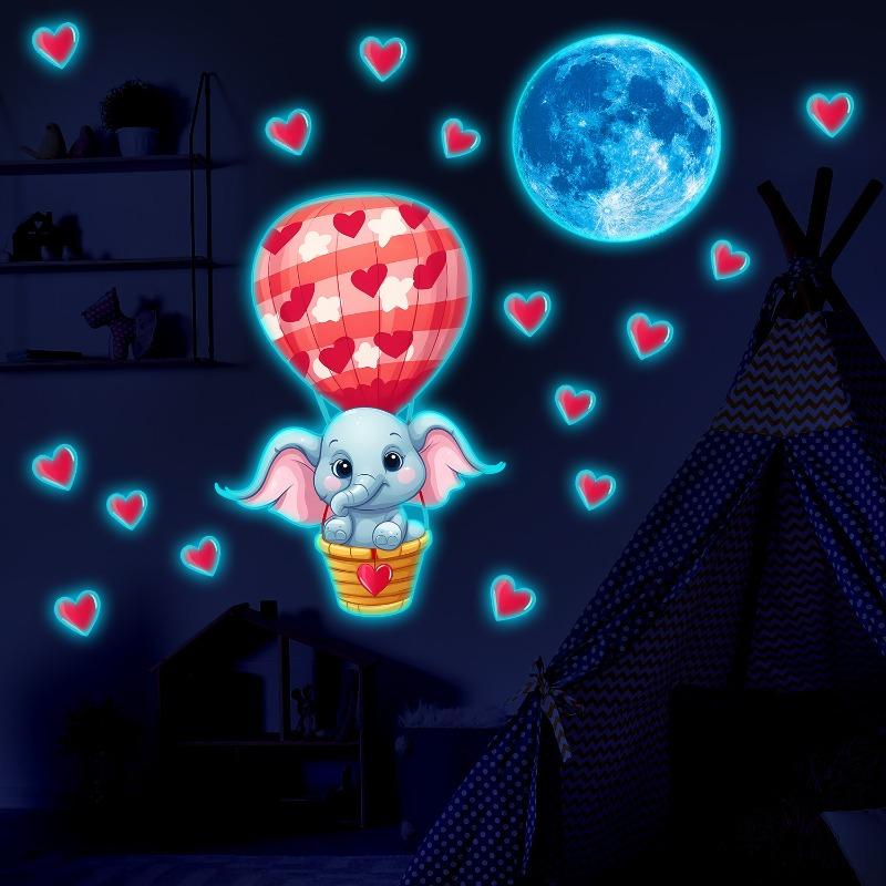 Glow in The Dark Wall Stickers Hot Air Balloon Elephant Princess Heart DIY Wall Art for Kids Room Background Decor