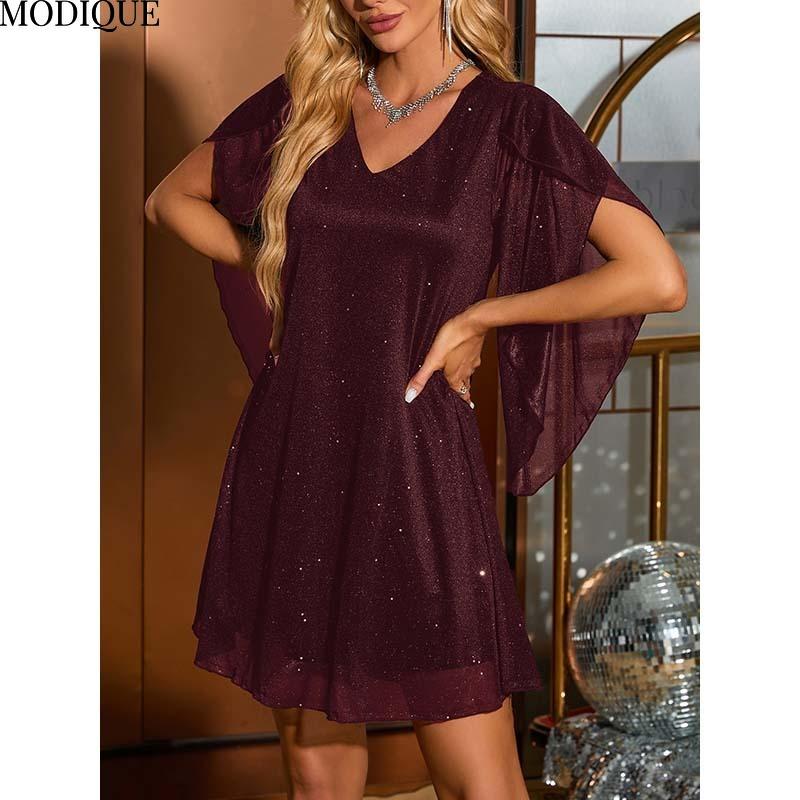 MODIQUE 2025 Summer New Ladies Sexy Elegant Deep V-Neck X-Line Sequin Mesh Cape Sleeve Short Dress