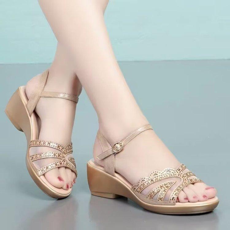 Wedge Heel Sandals Women's 2025 Summer New Mid-heel Wedge Heel Flat Bottom One-word Buckle Belt Open-toed Thick Heel Mesh Women's Shoes