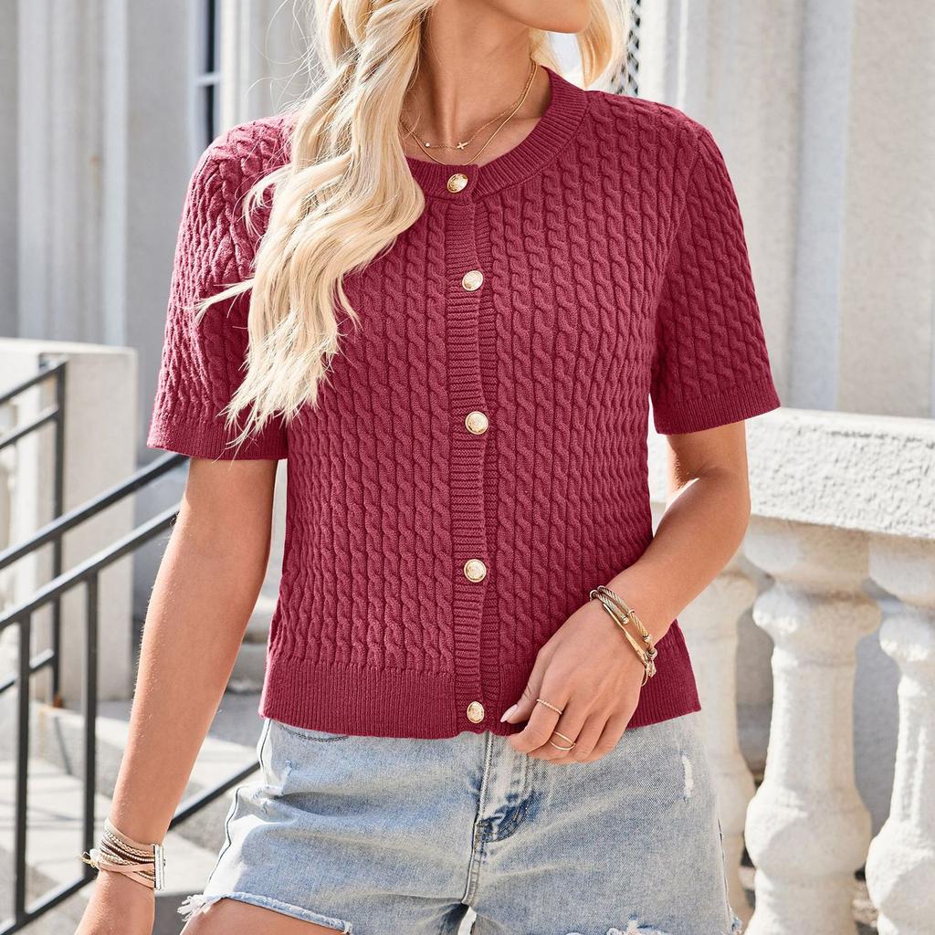 Women's Fashion Casual Tops Summer Short Sleeve Cardigan Cropped Button Round Neck Tops