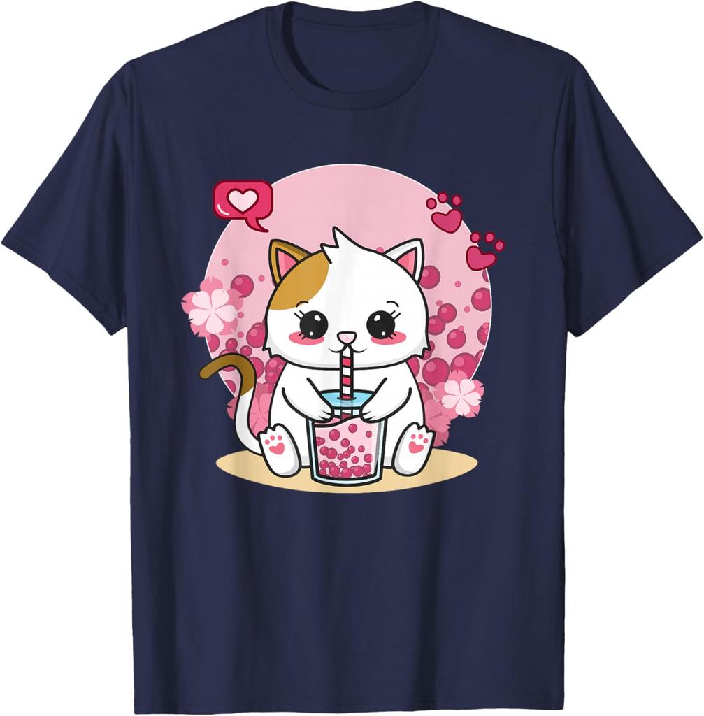 Kawaii Cat Boba Tea Drink Lover Graphic Tee Cute Anime Neko Kitten T-Shirt Unisex Casual Trip