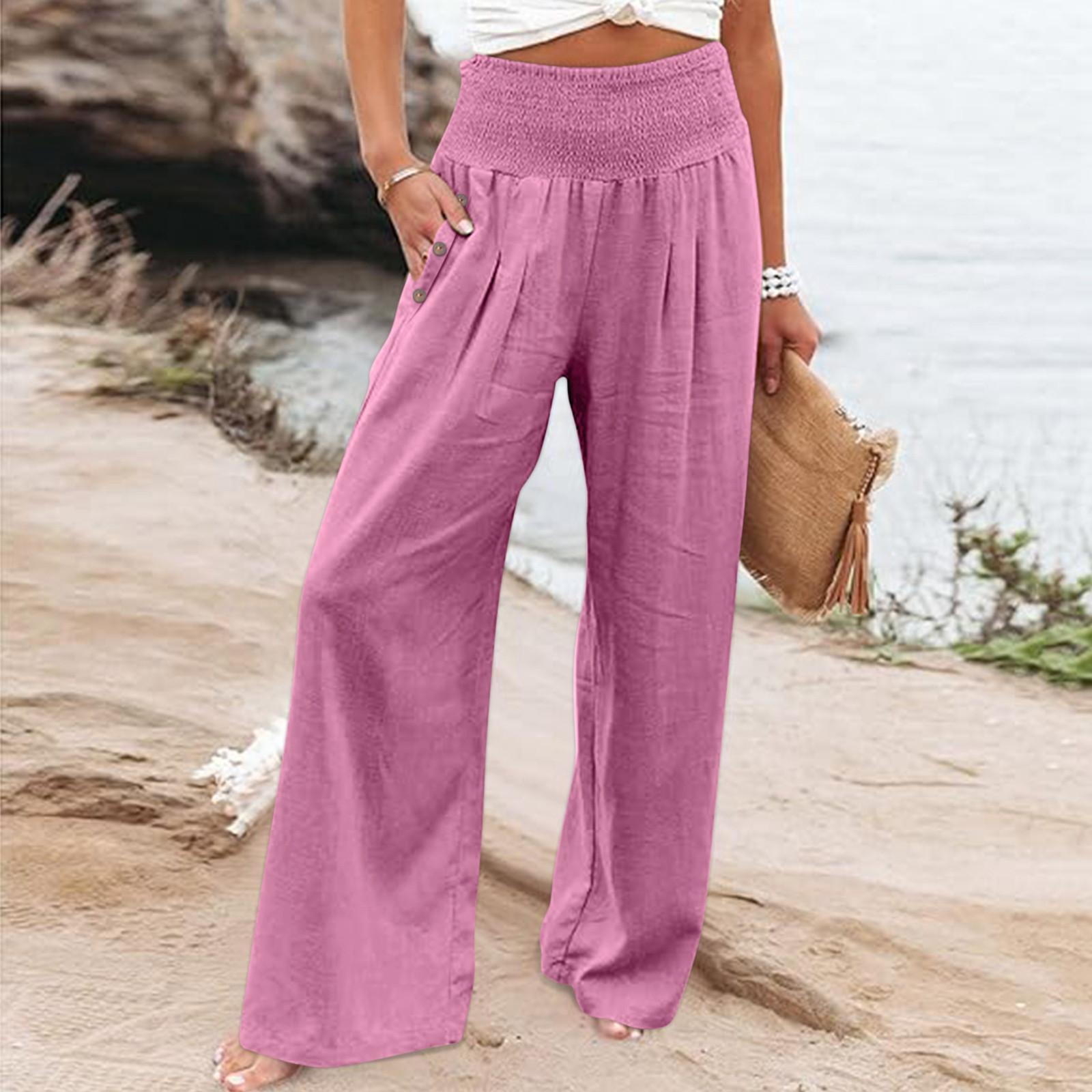 

Летние хлопковые льняные широкие брюки, женские свободные брюки-палаццо, повседневные брюки с карманами и эластичной резинкой на талии, пуговицы L розовый