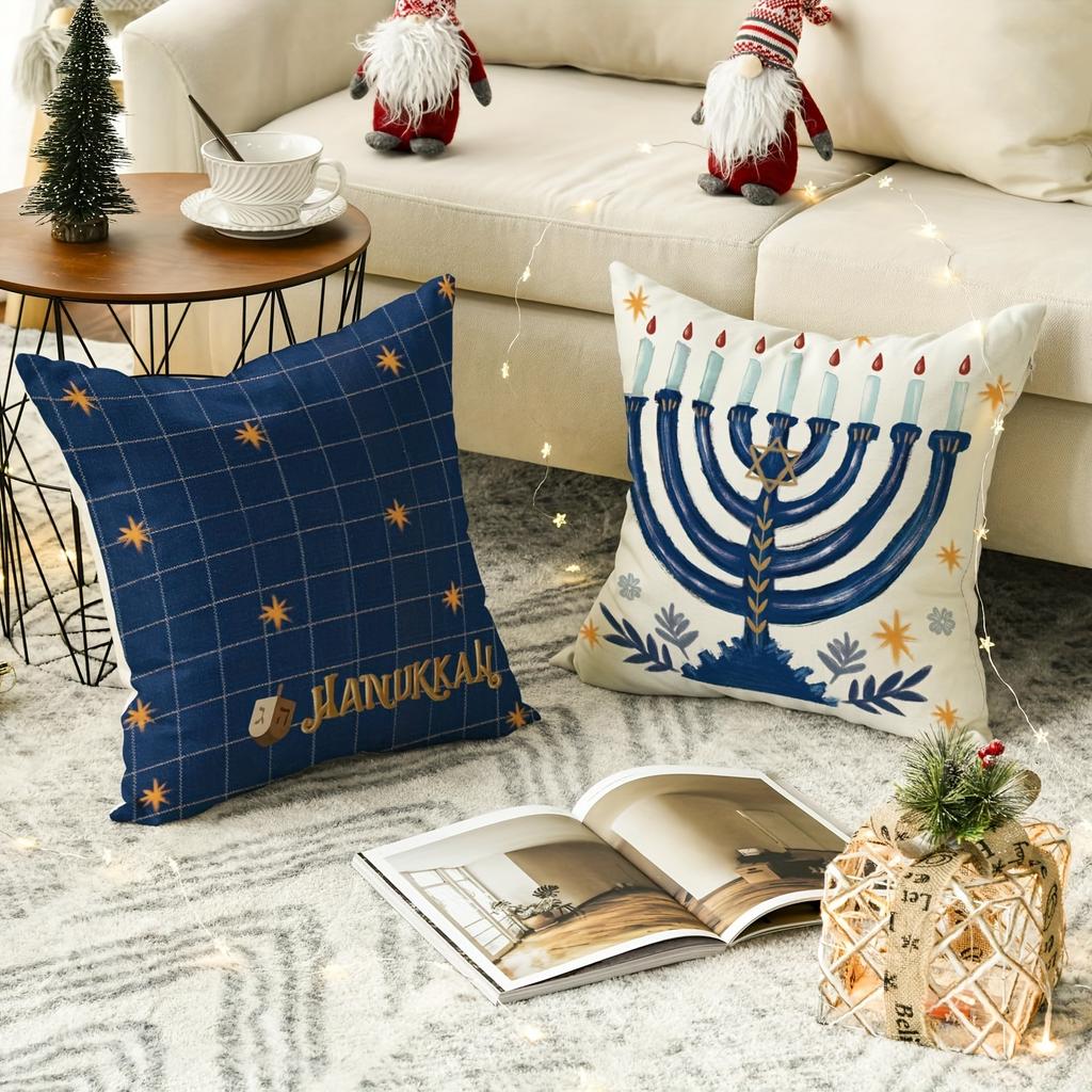 Candlestick And Hebrew Digital Printing Pillow Cover Short Plush Suitable Living Rooms Bedrooms Sofas Throw Cushion Cover 4Pcs