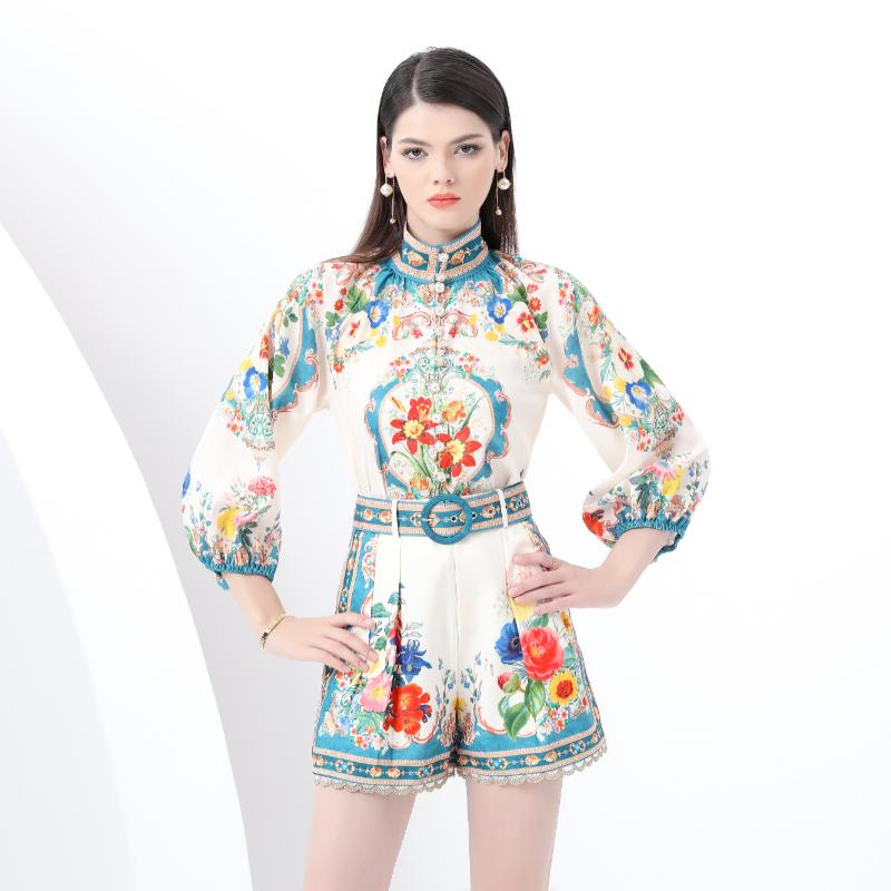 

Весна-лето Женский комплект из двух частей брюк с винтажным принтом, рубашка с рукавами-фонариками и шорты, костюм с поясом XXL зелёный