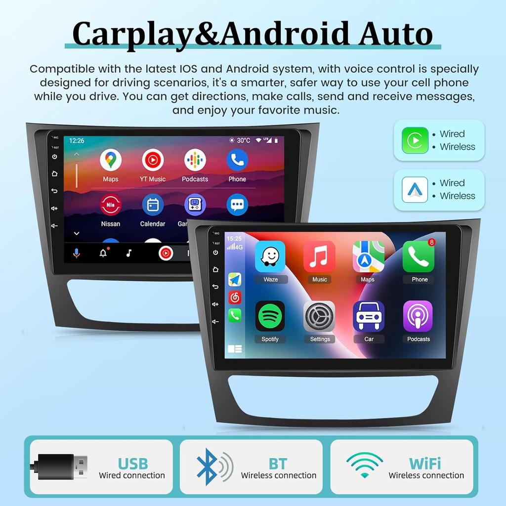 9 Inch Android Car Radio for Mercedes E Class W211 2005-2008 - CarPlay, Android Auto, WiFi, GPS, Backup Camera