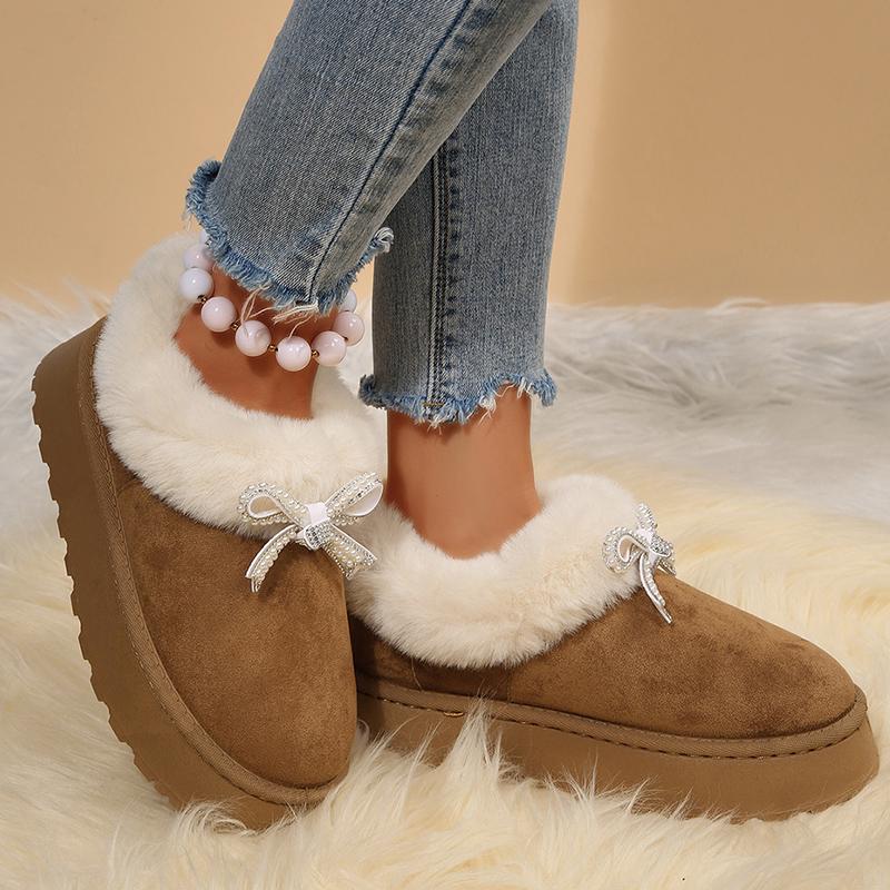 Crystal Bowknot Faux Fur Snow Boots Women Winter Warm Thicken Plush Platform Ankle Boots Woman Non Slip Thick Sole Cotton Shoes