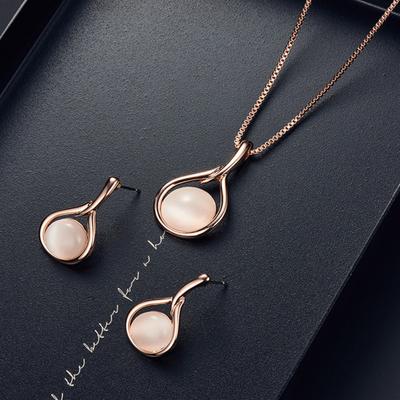 Frauen runde Form Faux Opal Anhänger Halskette Ohrstecker Ohrringe Schmuck-Set Geschenk
