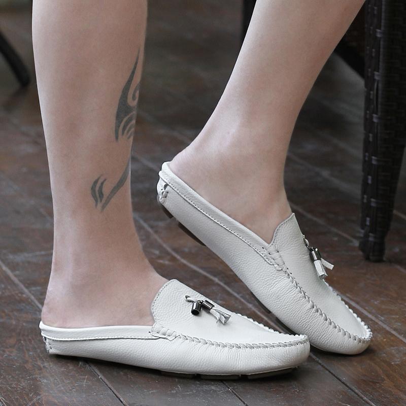 Sommer-Mules Herrenschuhe Weiß Rückenloses Leder Halbschuhe Für Männer Semi-Drag Freizeitschuhe Loafer Flip-Flops Flats Sandalen 2024