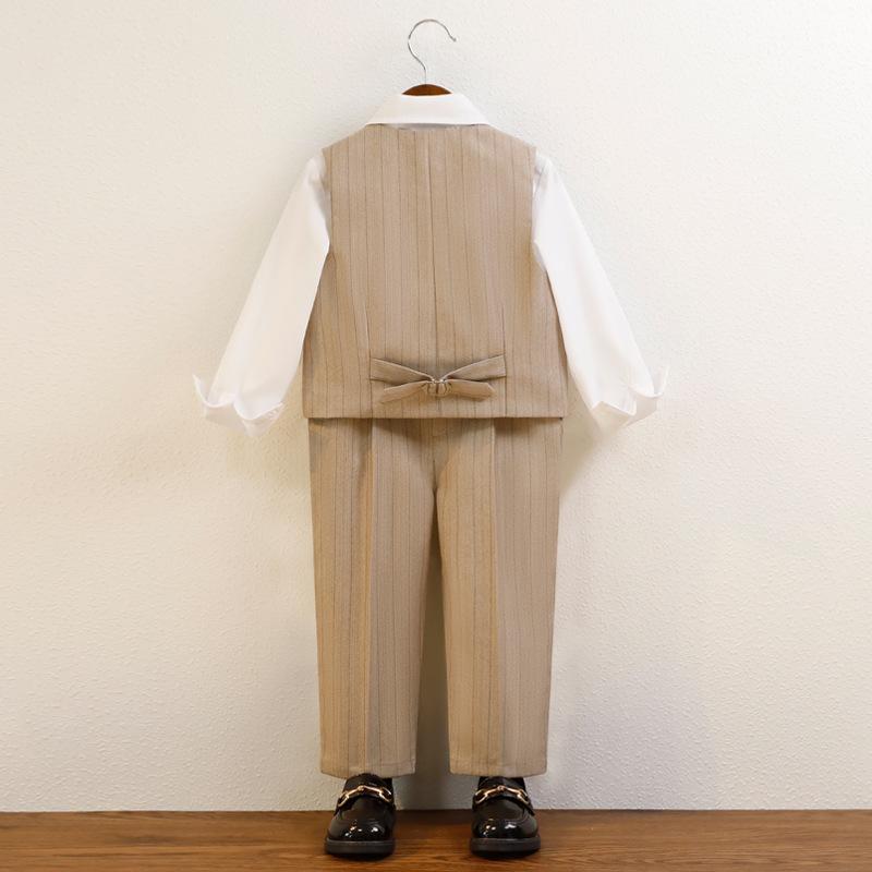 Boys Pinstripe Waistcoat 4 Piece Gentleman Suit White Shirt Bow Straight Pants Kids Wedding Flower Boy Birthday Photo Children Formal Outfit Set