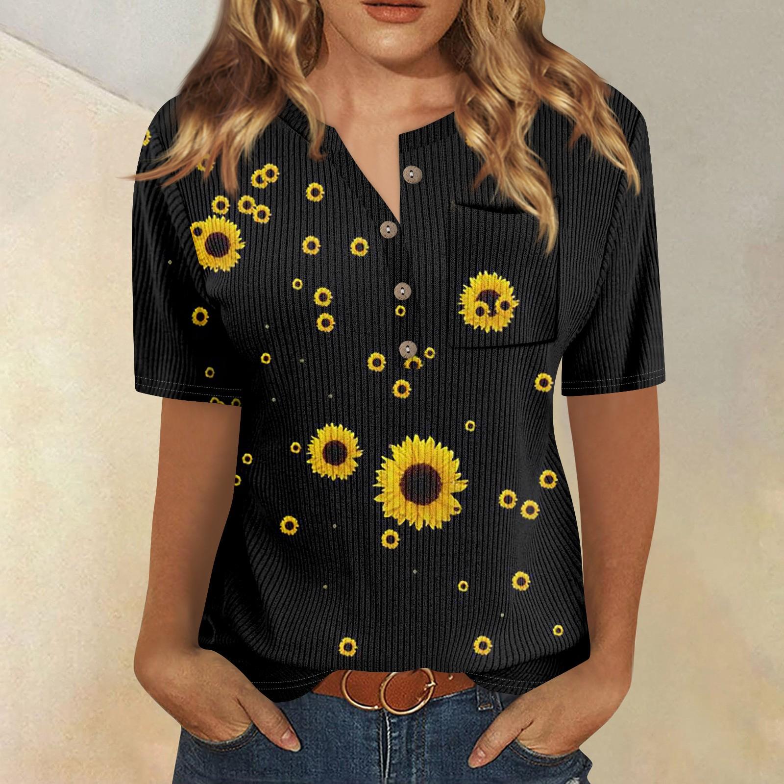 

Футболки для женщин, плиссированные, с V-образным вырезом, нарядные, повседневные блузки с принтом, короткие рукава, летние топы, свободный крой L чёрный