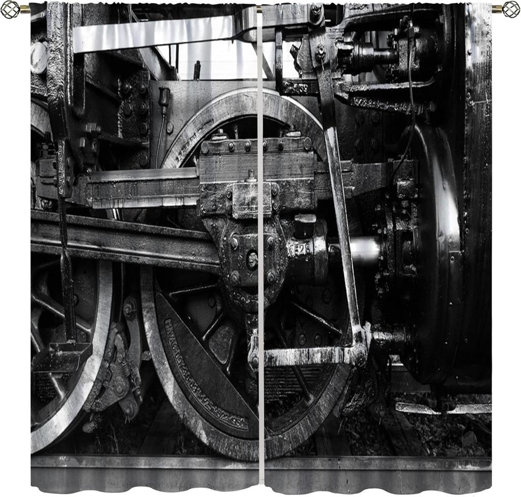 Light Blocking Steam Engine Curtains Old Train Through Country Field Scenery Print Window Treatments Curtain Vintage Polyester With Rod Pocket