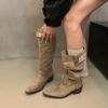 Retro Pleated Belt Buckle Women High top Fashion Thick Heels Pointed Toe Autumn Winter Slip on Long Botas Para Mujer